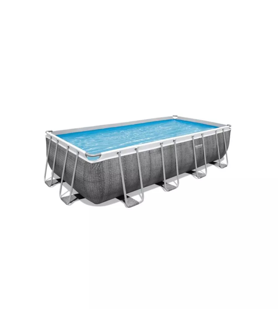 PISCINA FUORI TERRA CON STRUTTURA RETTANGOLARE BESTWAY "POWER STEEL FRAME"  CON COPERTURA, FILTRO, SCALA E CHEMCONNECT EFFETTO RATTAN 488X244X122 CM - COD. 56996